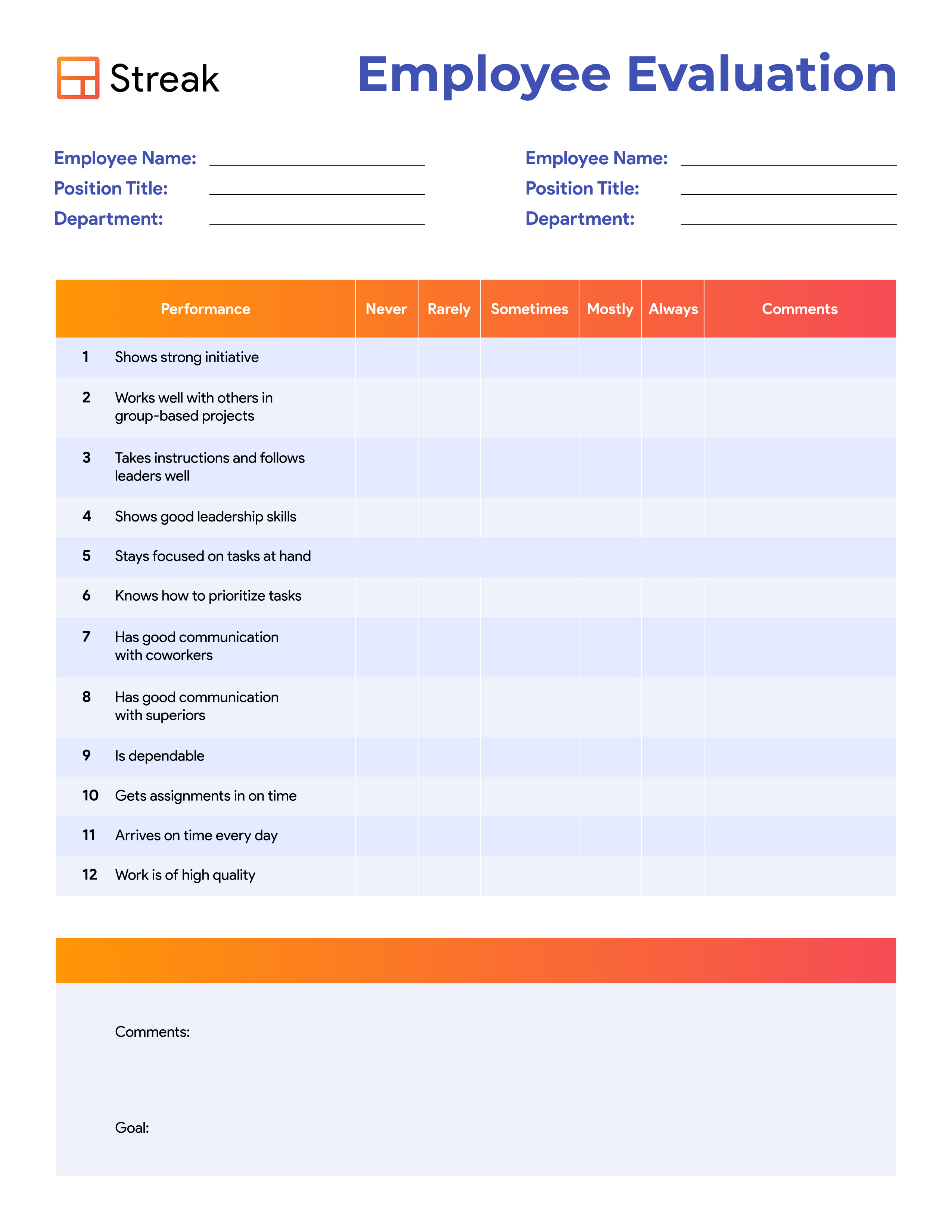 a classic employee evaluation performance review template from streak