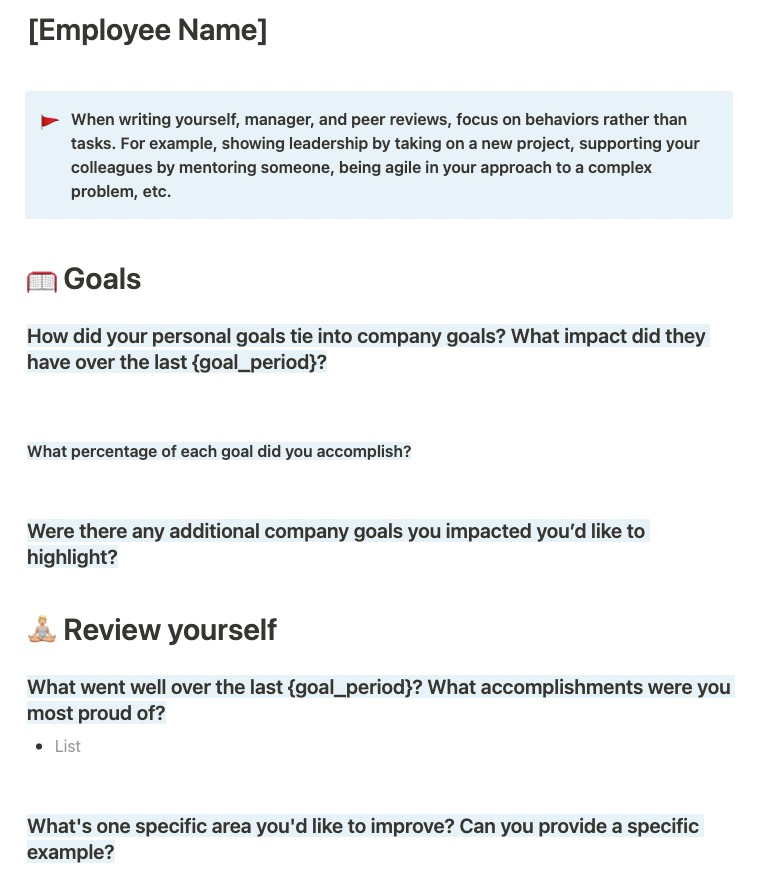 screenshot sample of a self-evaluation template in Notion