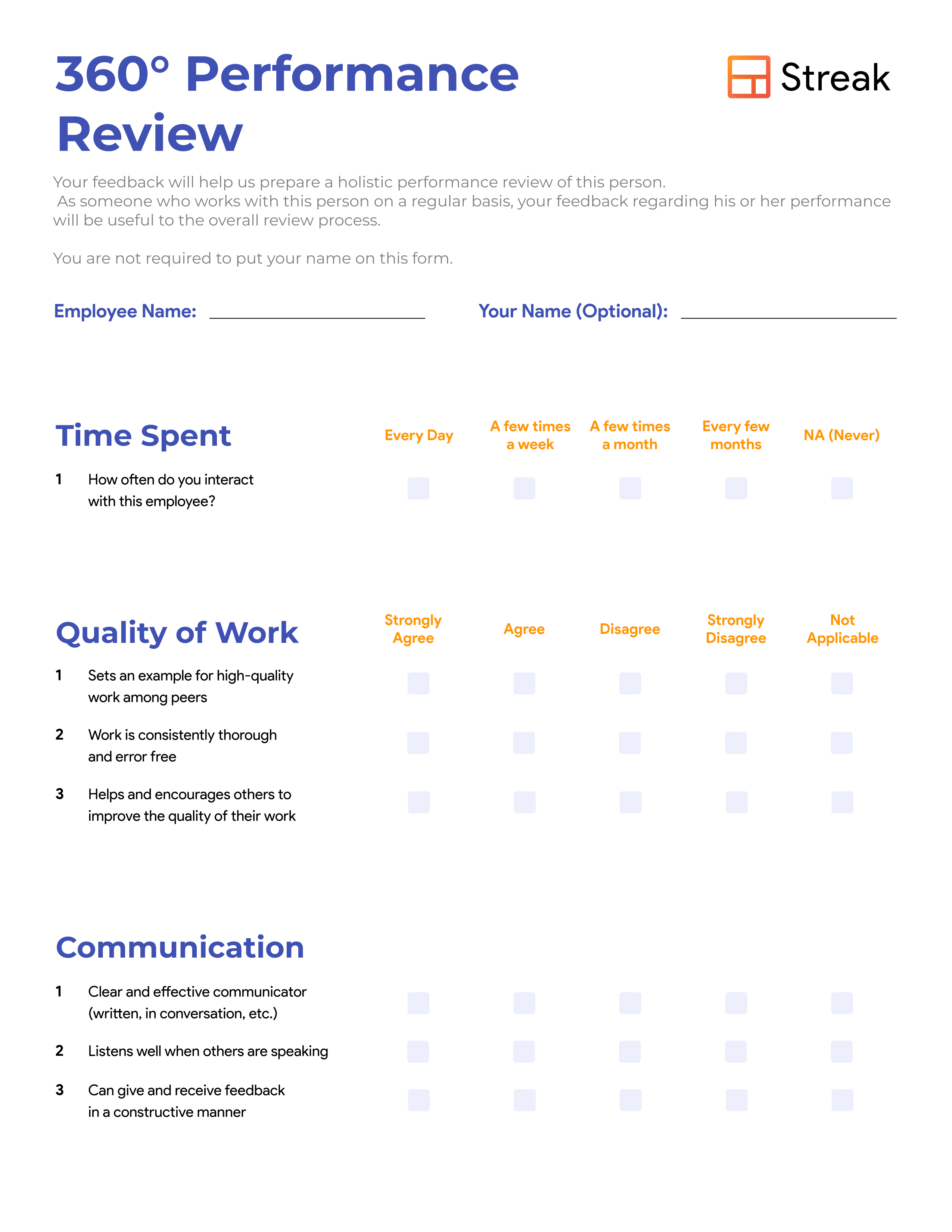 screenshot sample of the 360 performance review template from streak