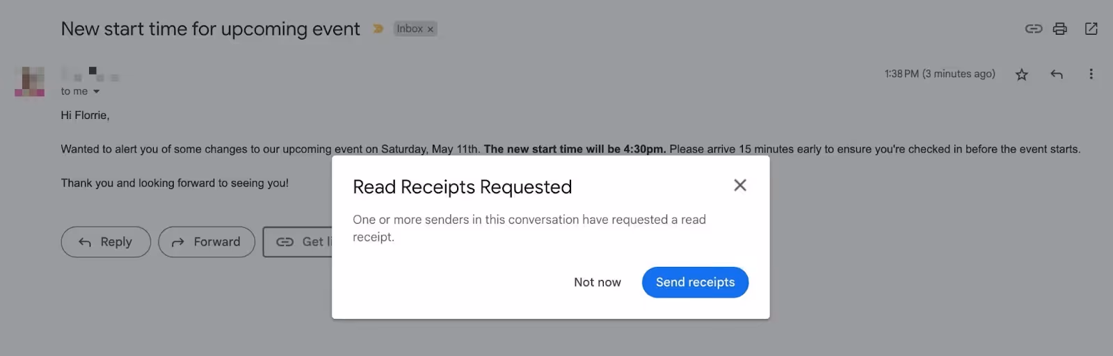screenshot of a read receipt request in Gmai