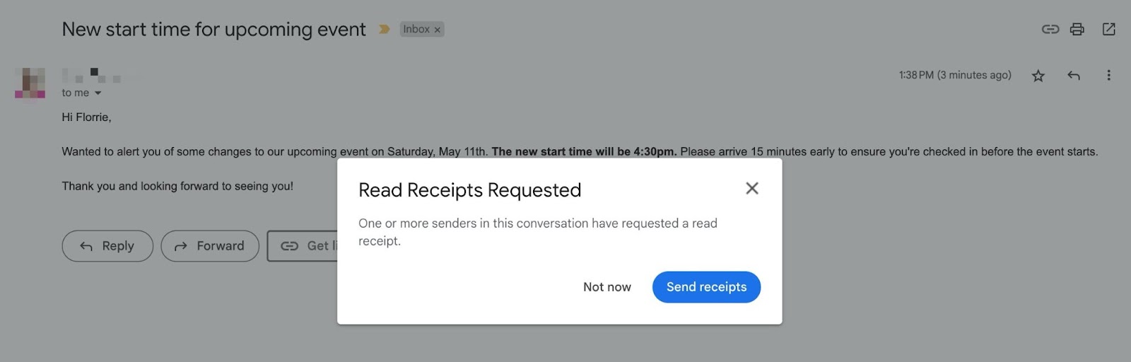 screenshot of a read receipt request in Gmai