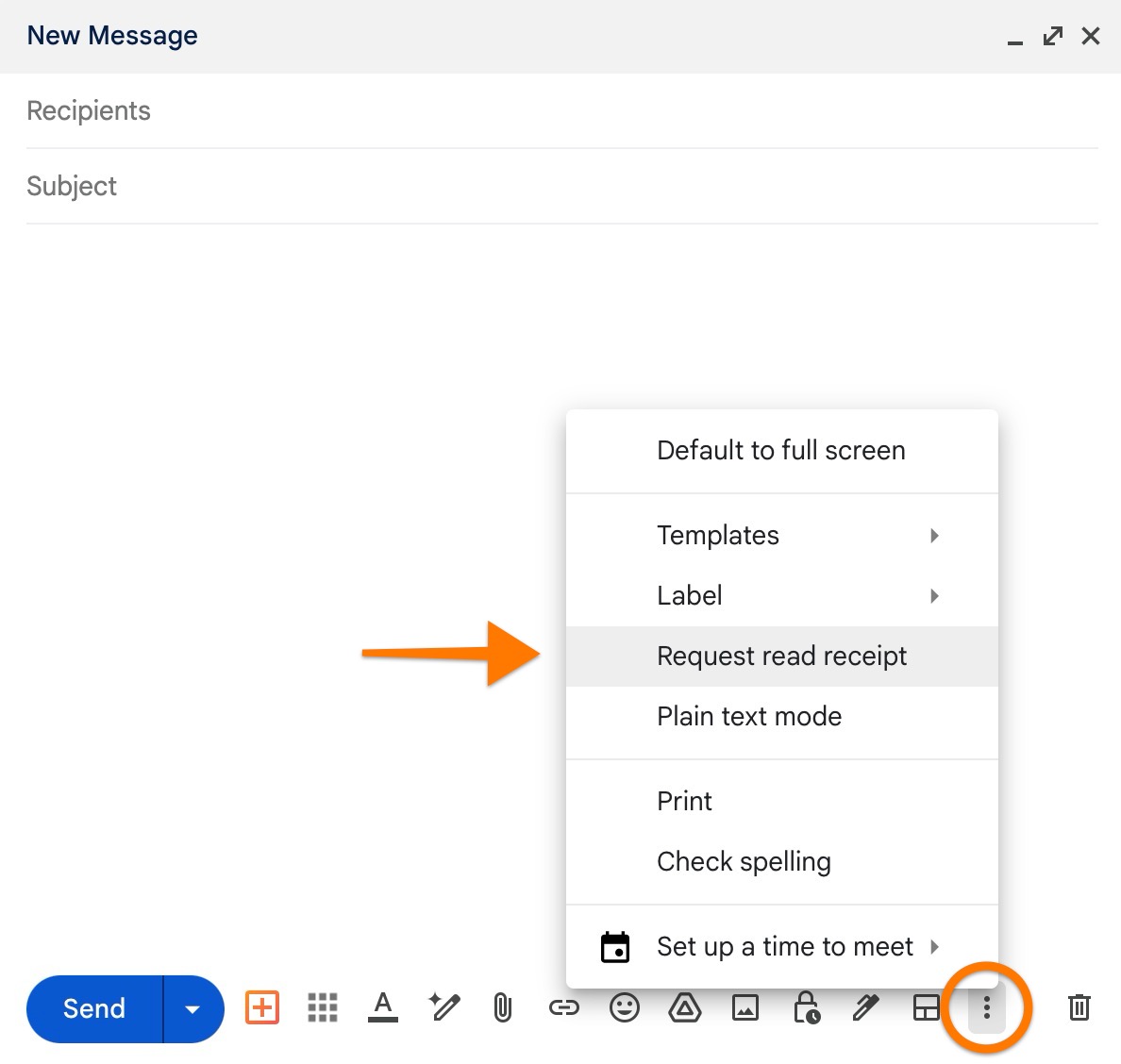 screenshot of the request read receipt menu option in a gmail draft compose window