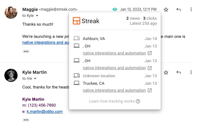 screenshot of email view tracking and link click tracking for an email thread in Gmail