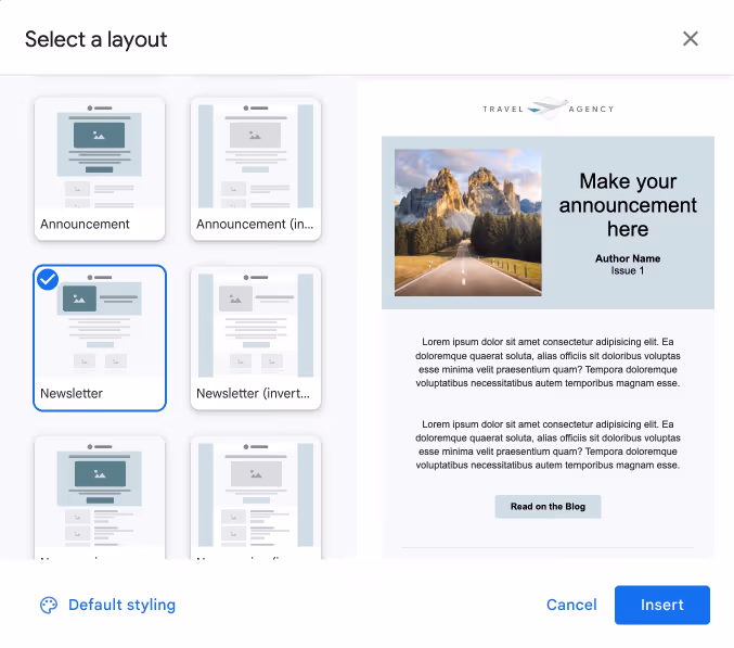 layout templates available for composing branded emails