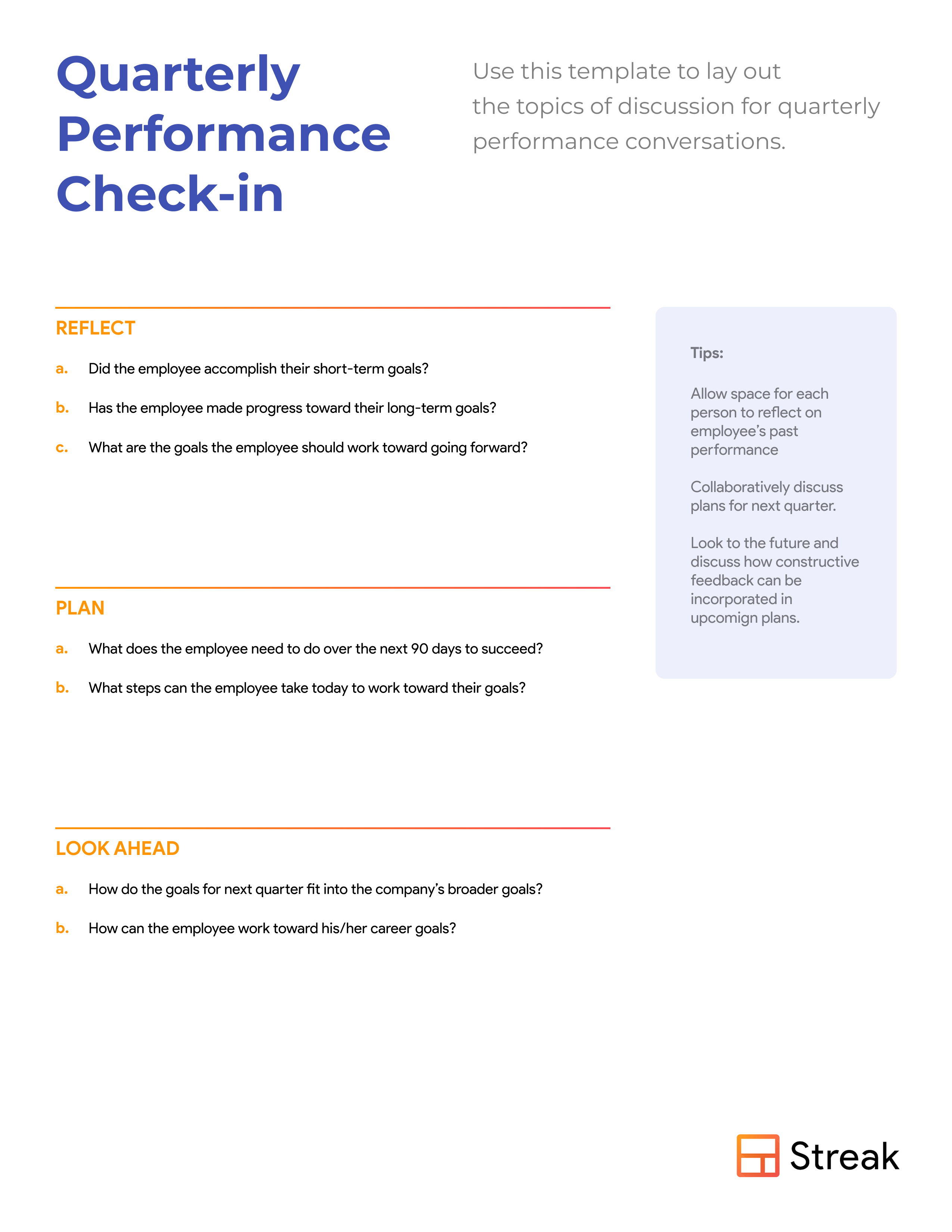 screenshot sample of a quarterly performance questionnaire from streak