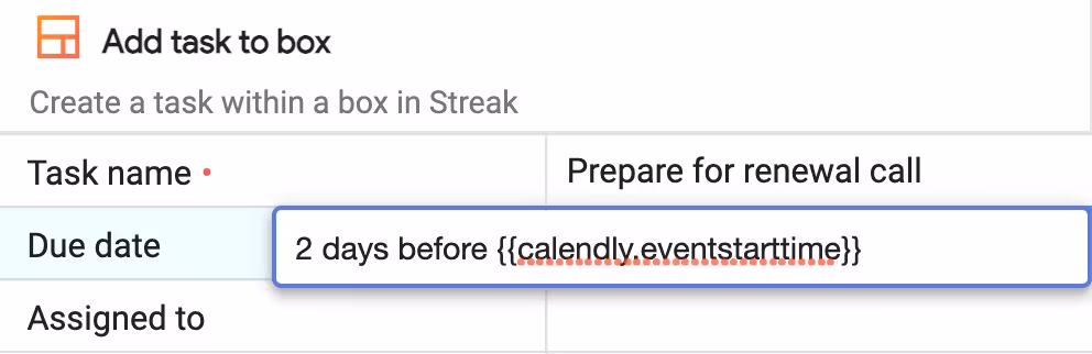 A screenshot of renewal call template in Streak with Calendly integration