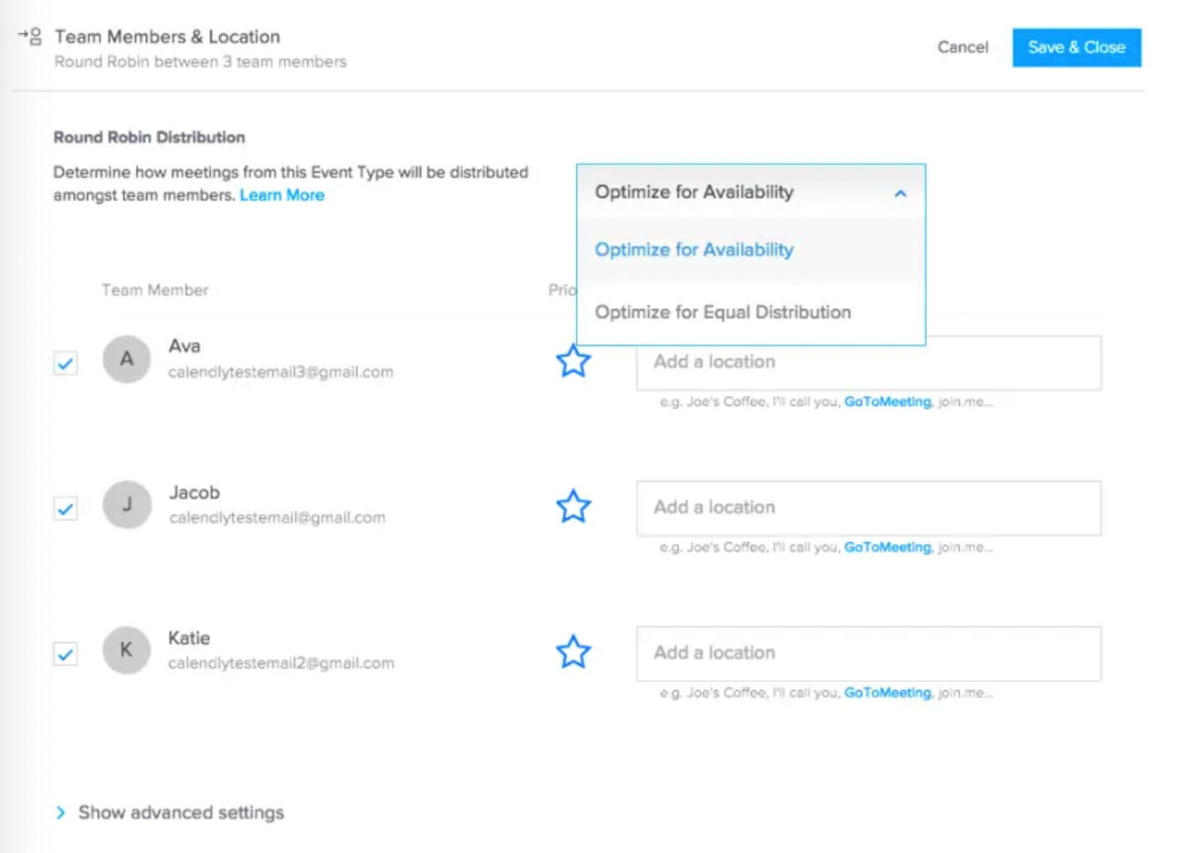 A screenshot of the Round Robin distribution feature to assign calls to the first available group member. The Round Robin feature lets you add team members to a group where the leads or contacts schedule calls to those available in the group.