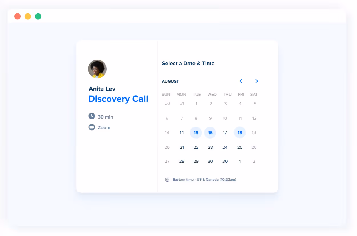 A screenshot of Calendly scheduling platform showing the available dates in blue