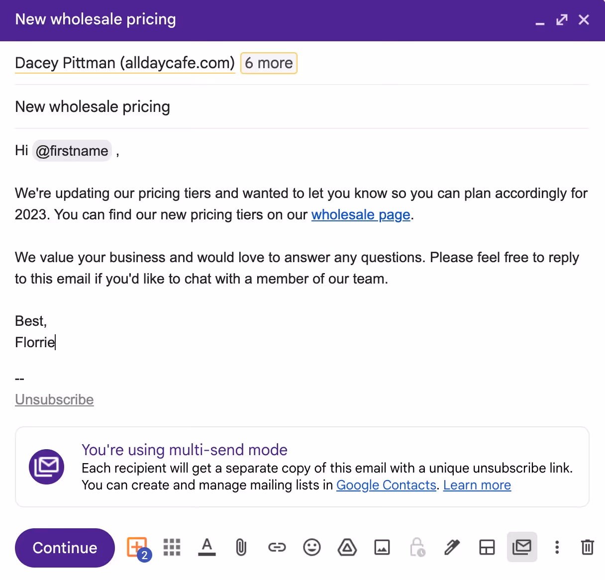 An email draft using Gmail mail merge