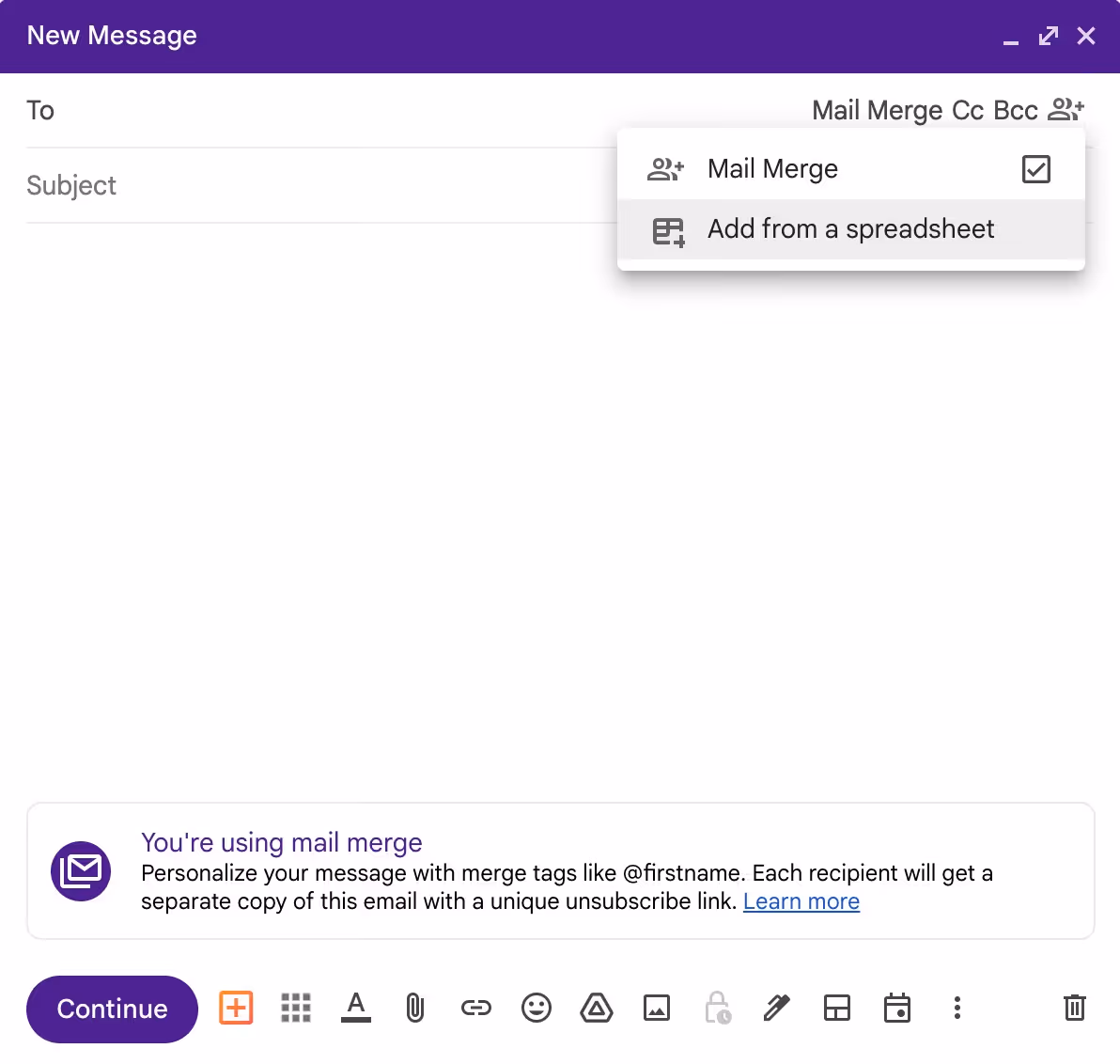 You can personalize mail merge email using variables from Google Sheets