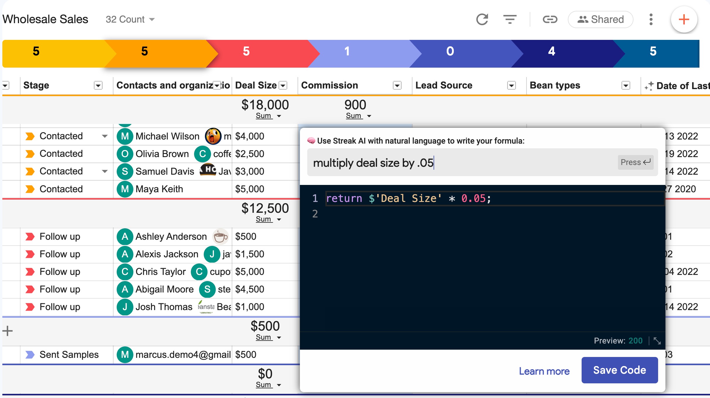A screenshot showing that Streak can help you keep track of your team’s deals and sales volume so you can automatically calculate commission on each deal