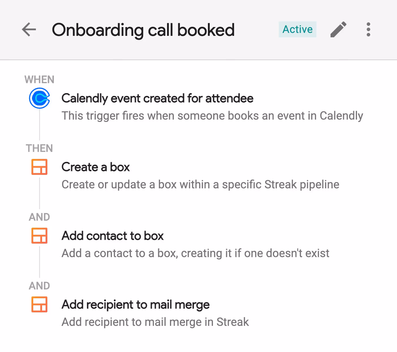 A screenshot of native automation in Streak which is about booking a call