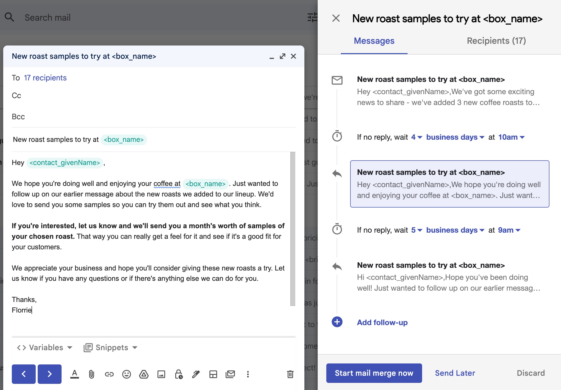 A screenshot of Streak mail merge and automatic follow-up