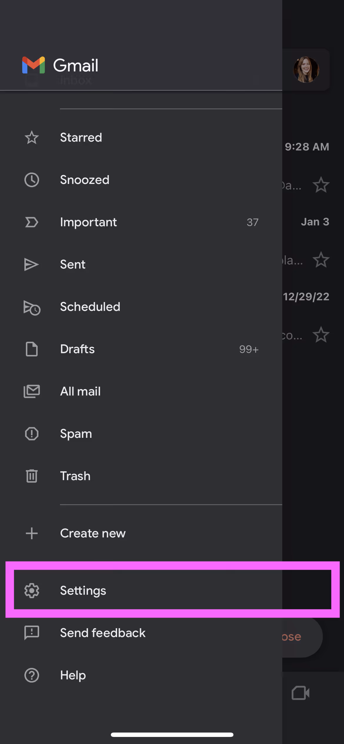 A screenshot of Gmail's drop-down menu section highlighting Settings on mobile