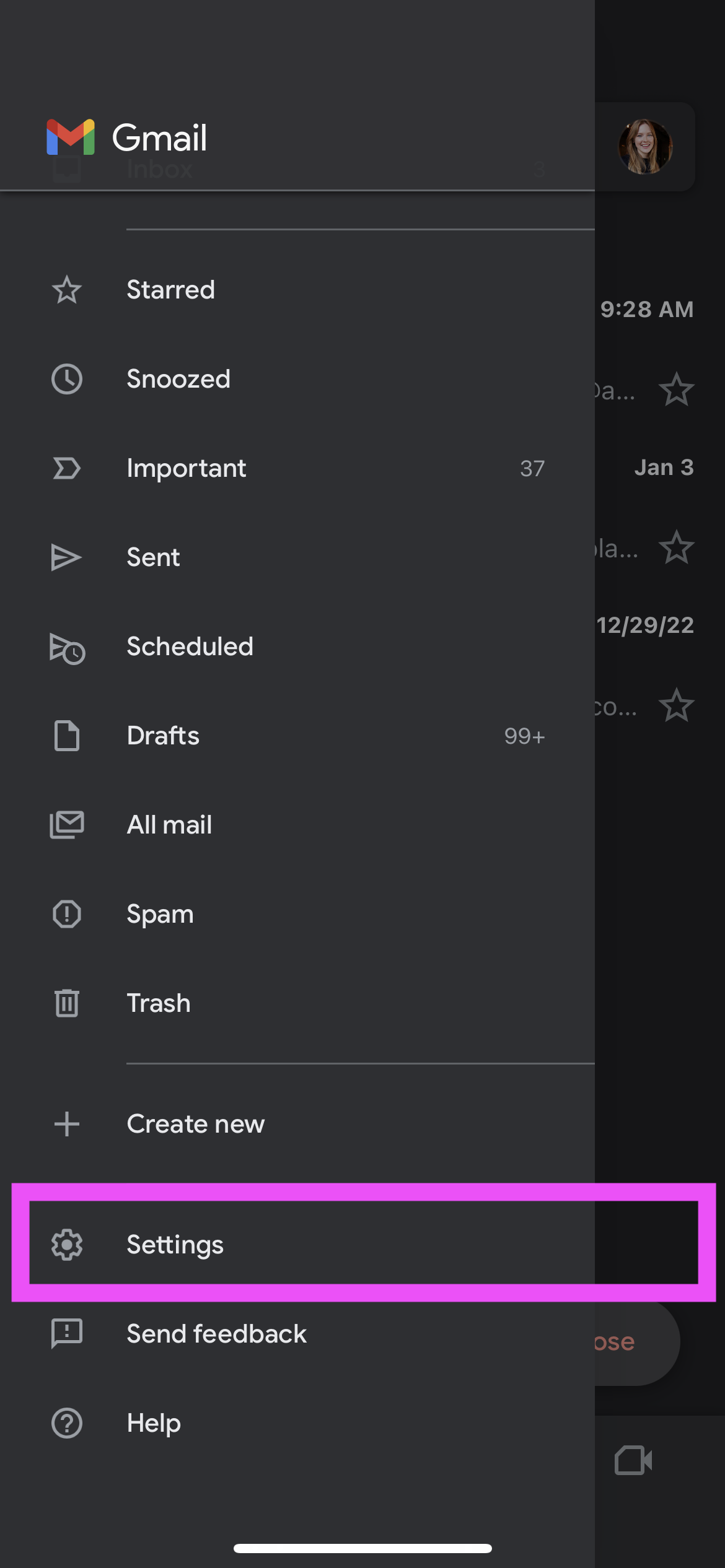 A screenshot of Gmail's drop-down menu section highlighting Settings on mobile