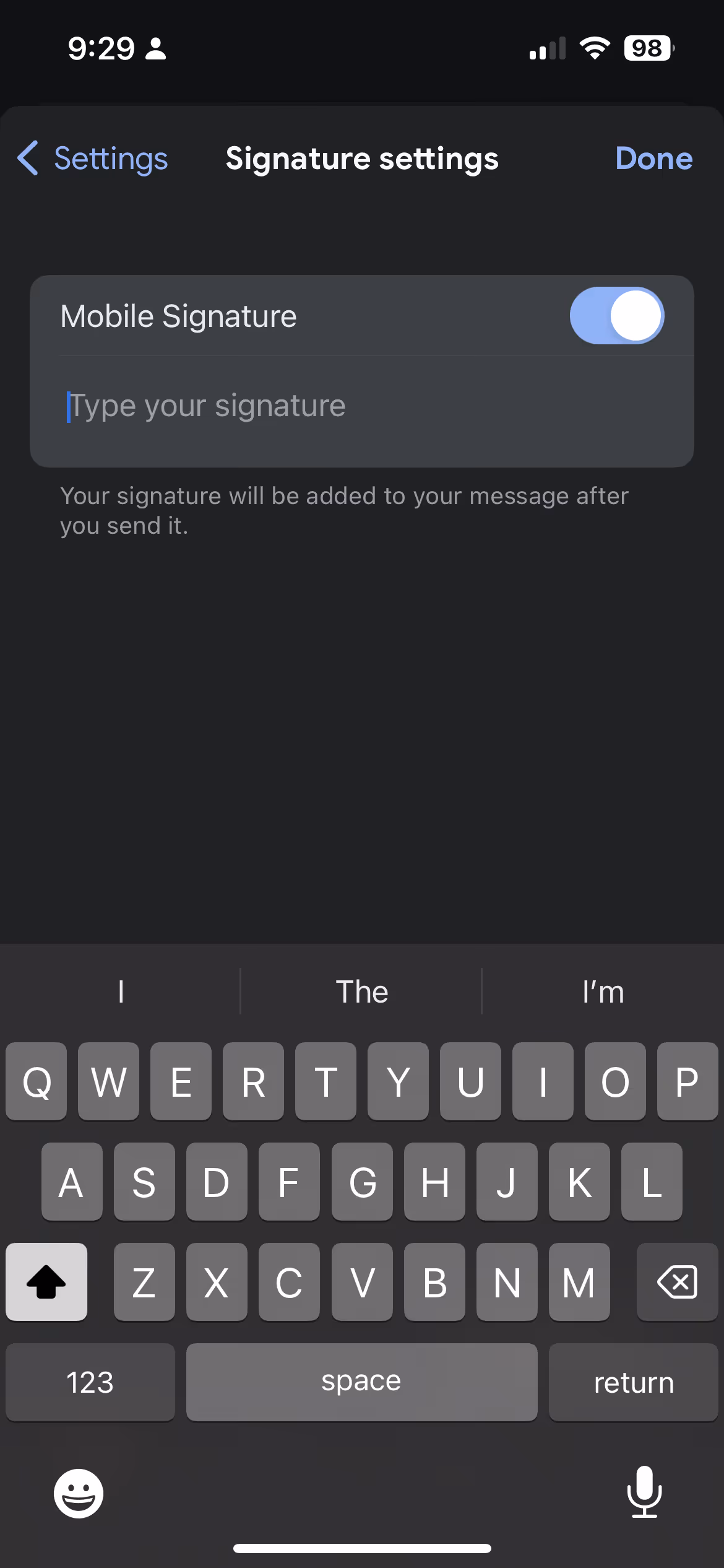 A screenshot of Gmail's mobile signature settings section