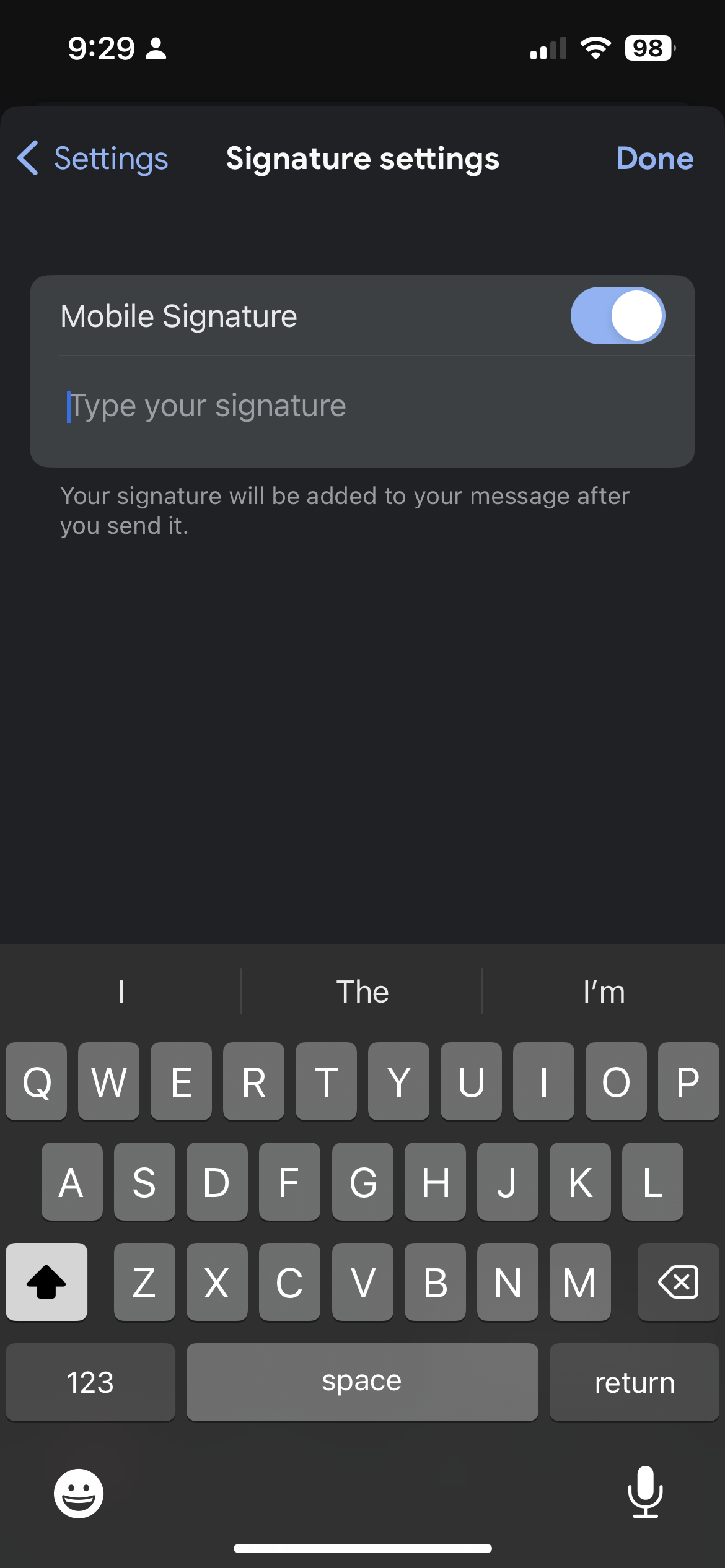 A screenshot of Gmail's mobile signature settings section