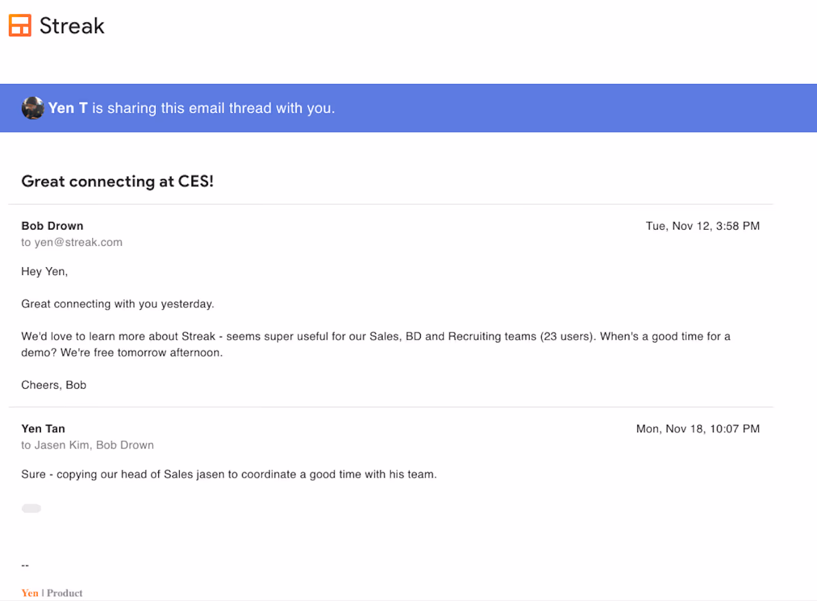 Example of Streak Share email chain in a new tab