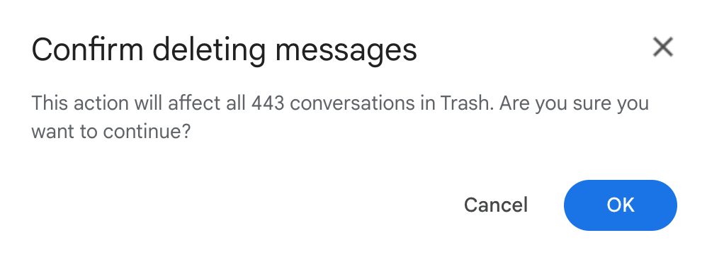 A screenshot of a confirmation message when deleting messages
