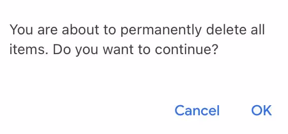 A screenshot of Gmail's confirmation message for deleting messages on mobile