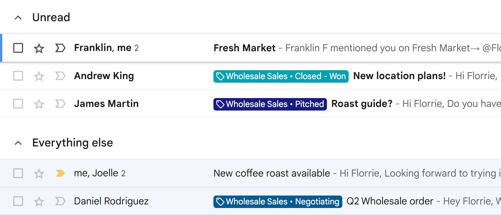 A screenshot in the Gmail inbox showing the use of Streak's curated color themes for the color-coded labels