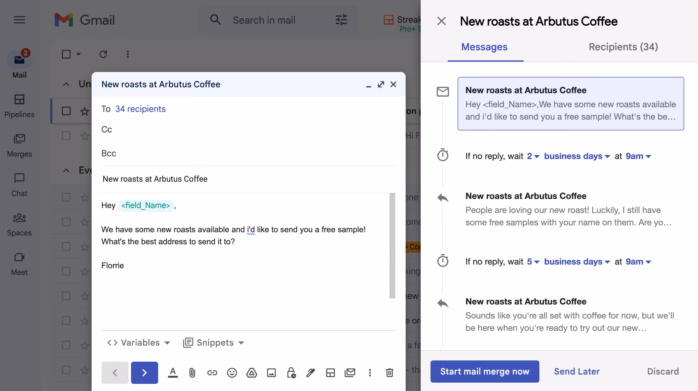 Streak's mail merge showing a series of scheduled emails next to an email draft.