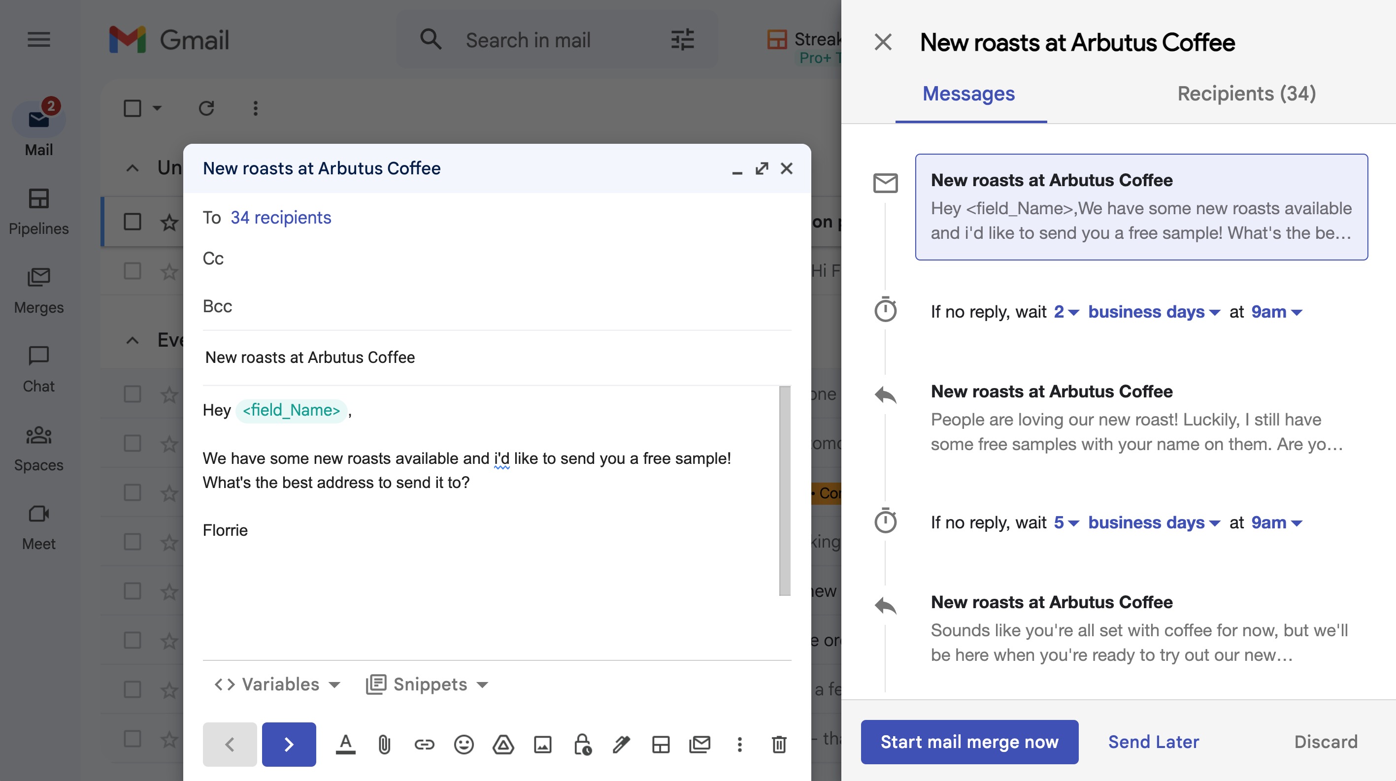 Streak's mail merge showing a series of scheduled emails next to an email draft.