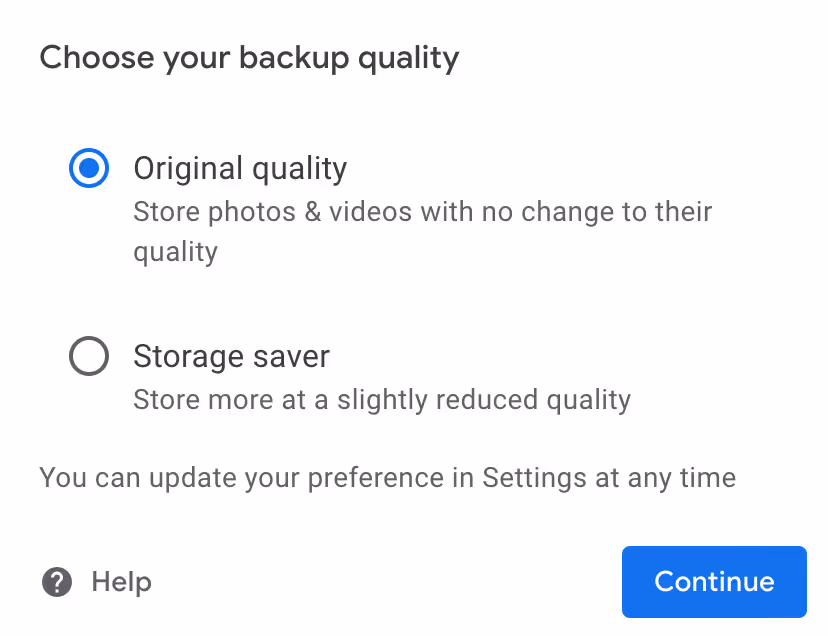 A screenshot of options available when storing photos at Google Photos