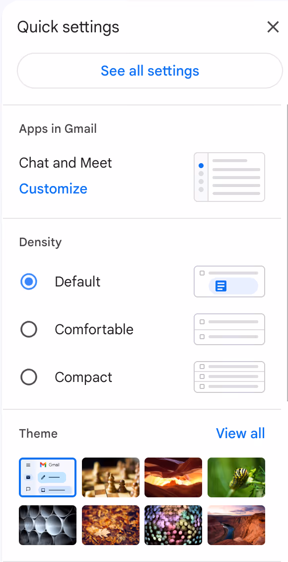 A screenshot of Gmail Quick Settings section from the gear icon menu