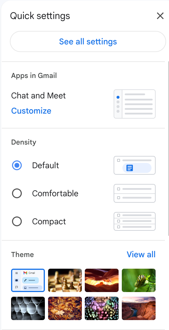 A screenshot of Gmail Quick Settings section from the gear icon menu