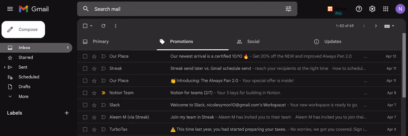 A screenshot of the Gmail's dark theme mode 
