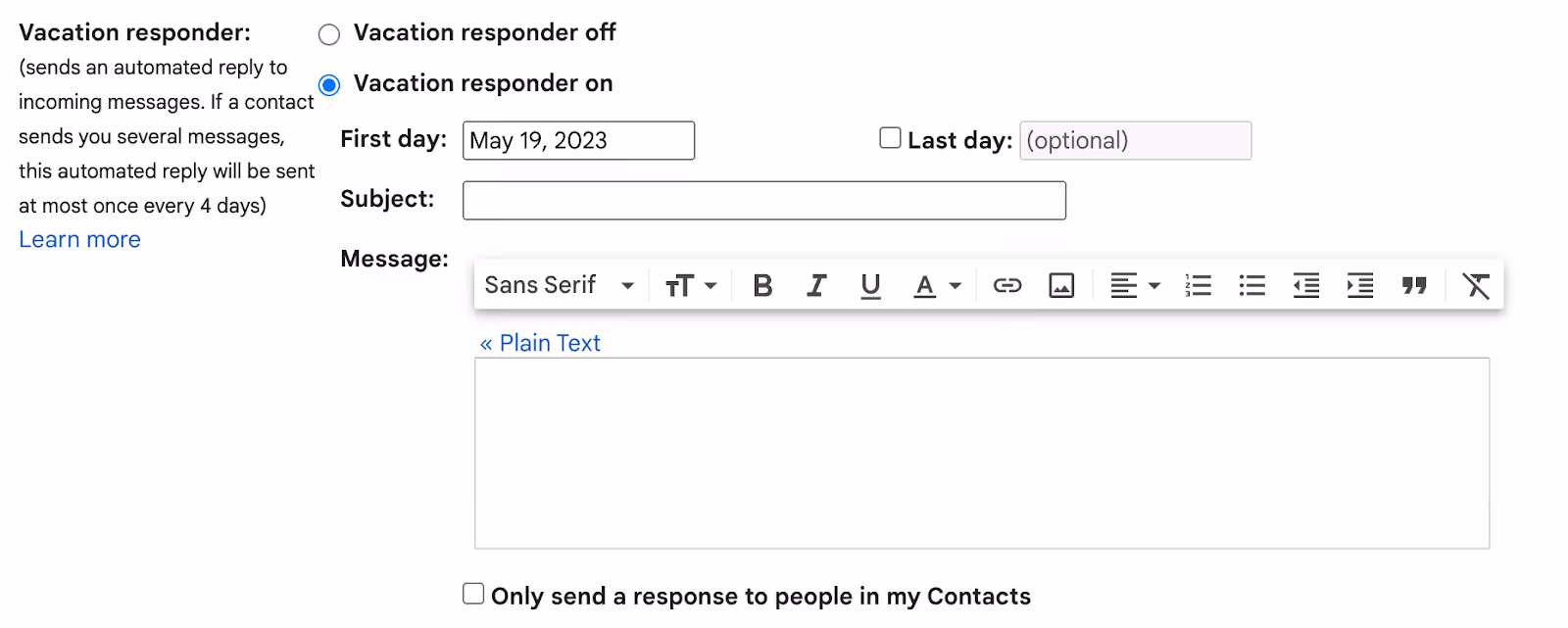 A screenshot of Gmail's Vacation Responder section in the General Quick settings (gear icon)