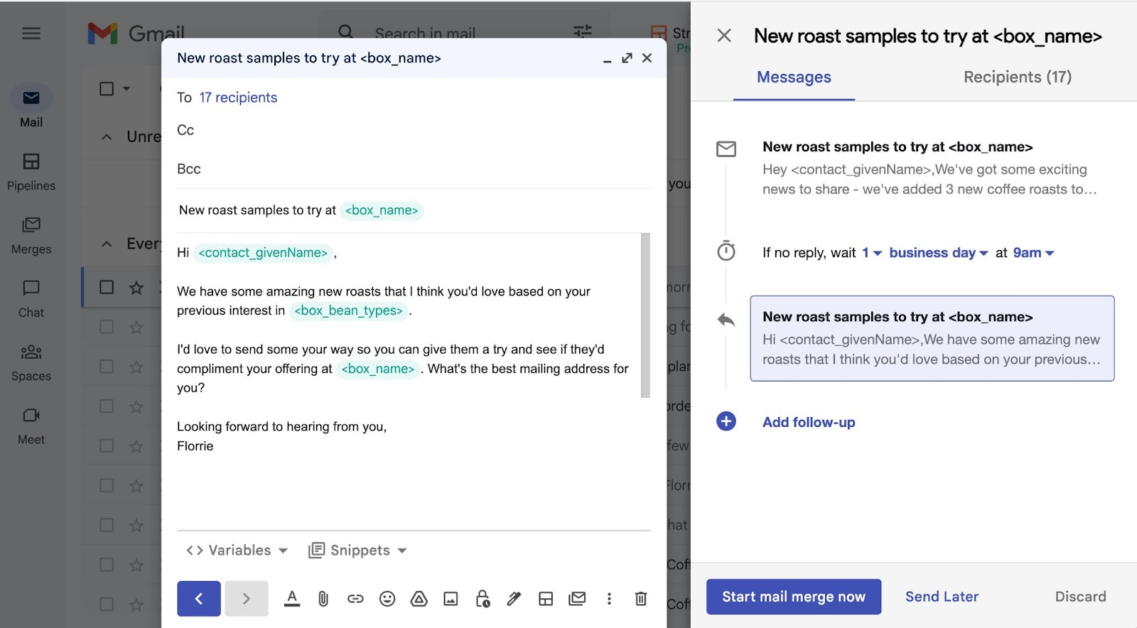 A screenshot showing the use of Streak mail merge in Gmail