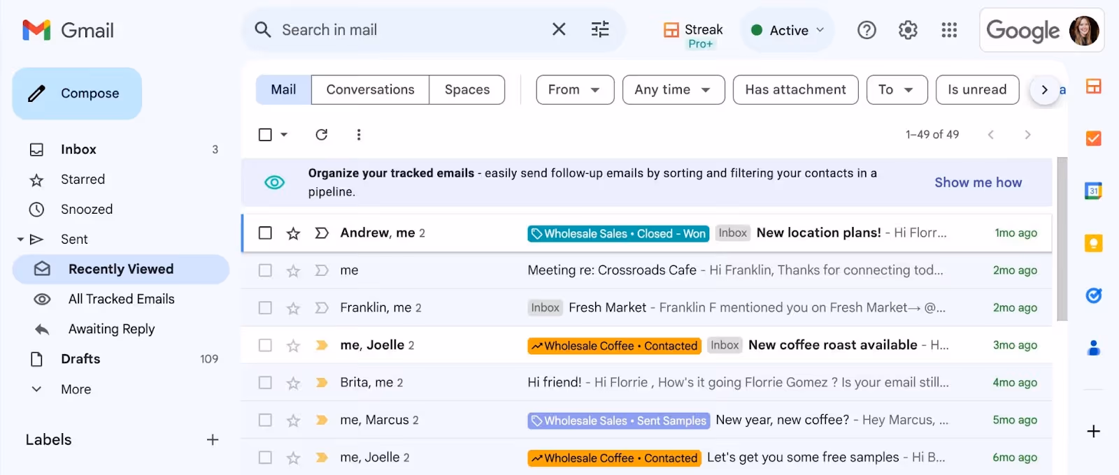 A screenshot of Gmail inbox showing email tracking with Streak's Recently Viewed folder 
