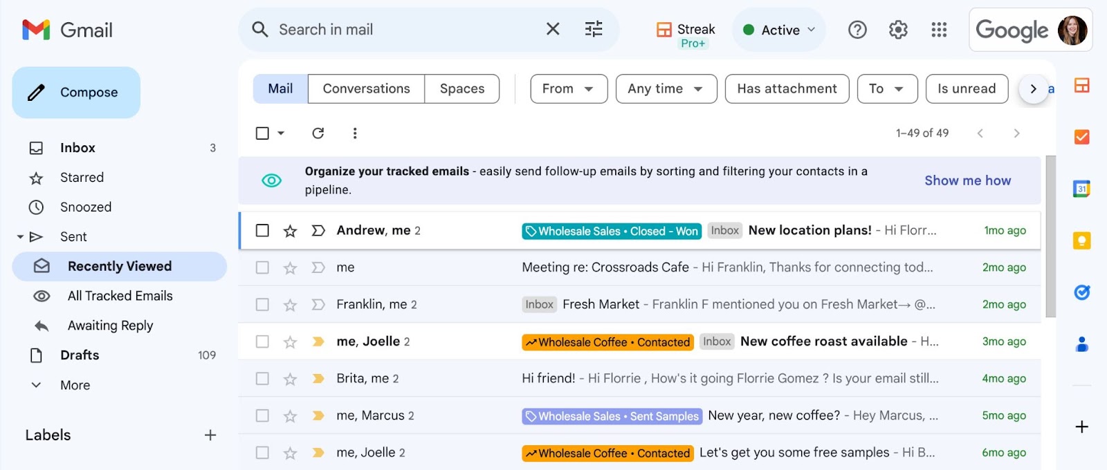 A screenshot of Gmail inbox showing email tracking with Streak's Recently Viewed folder 