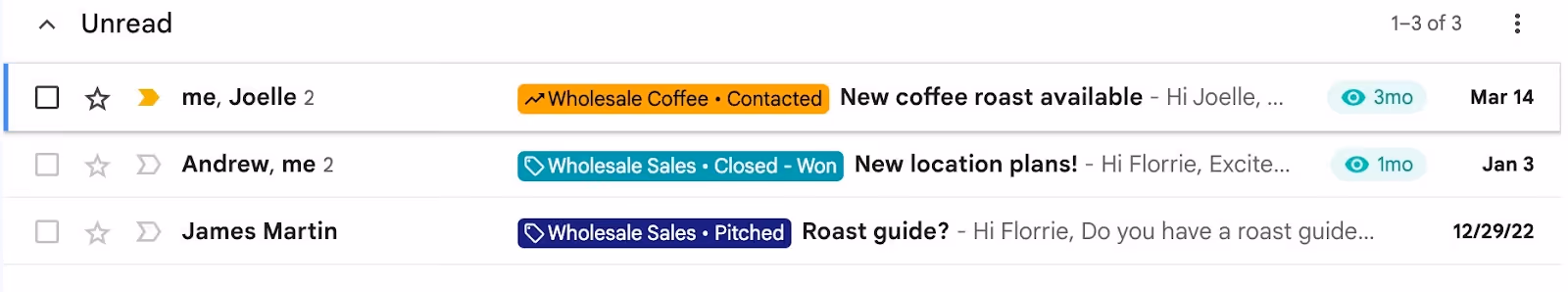 A screenshot of Gmail inbox with email tracking and labelled conversations using Streak
