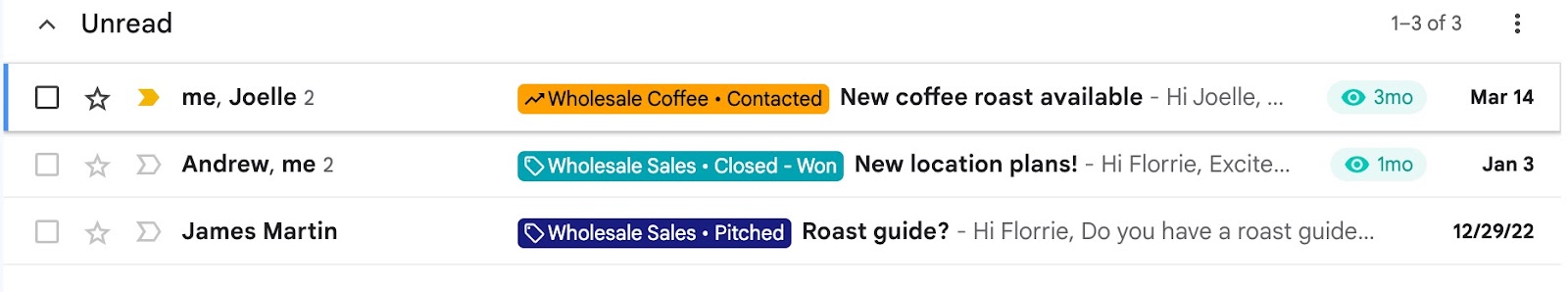 A screenshot of Gmail inbox with email tracking and labelled conversations using Streak
