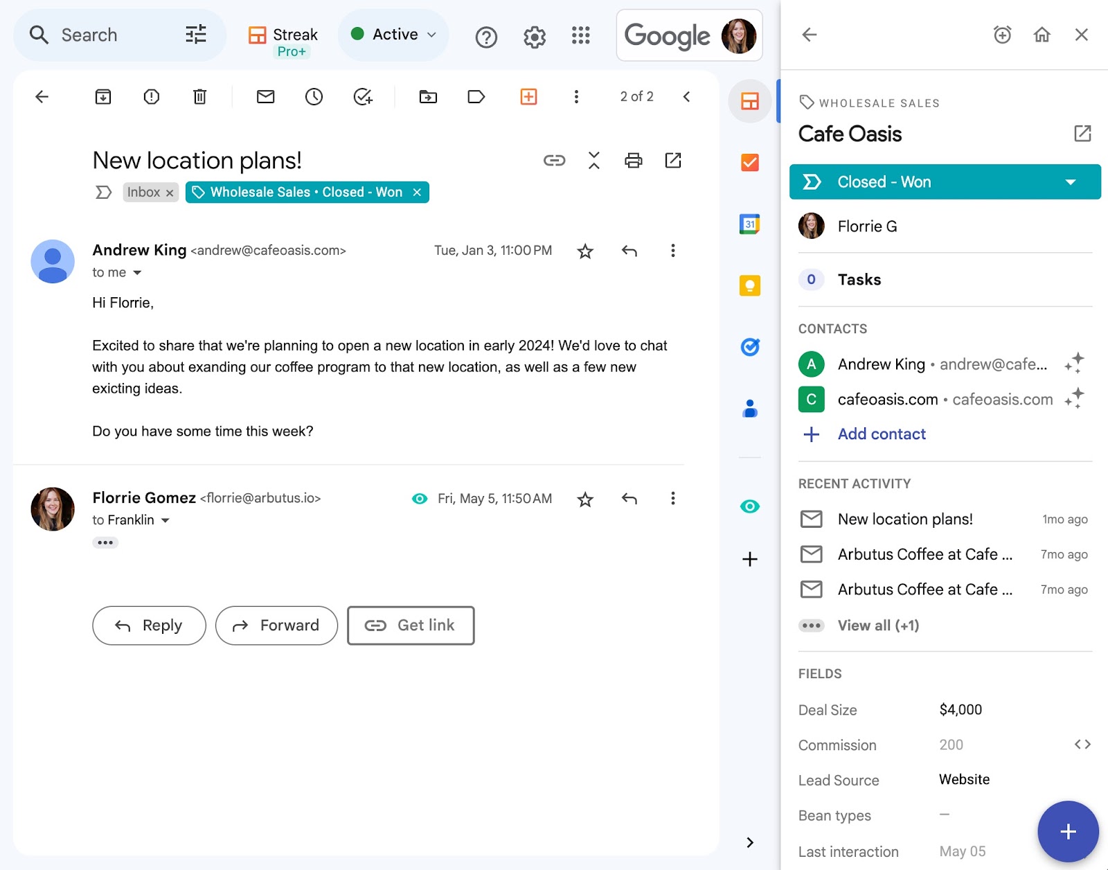 A screenshot of a labeled email conversation in Gmail using Streak to organize the label