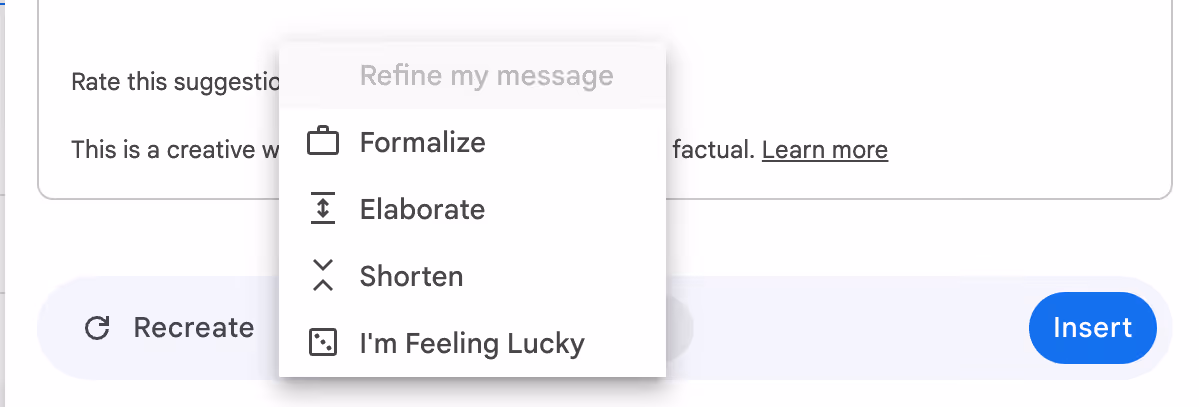 A screenshot of the window that shows available options for refining AI-generated draft in Gmail