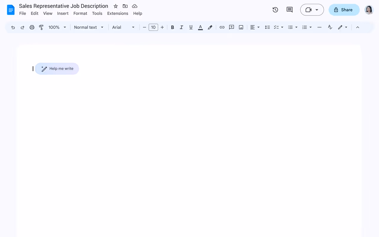 A screenshot of Google Docs with AI features for writing