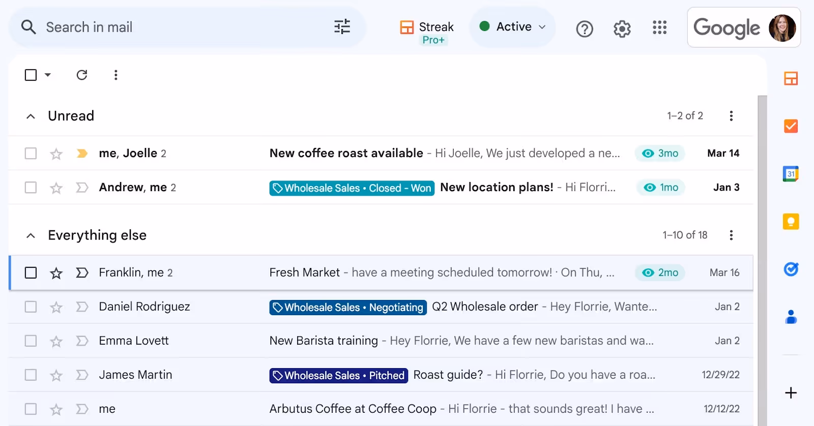 A screenshot of the Gmail inbox with a customized layout