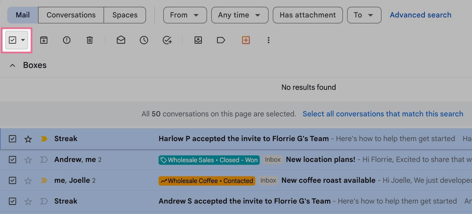 a gmail inbox with the check box marked to select all emails