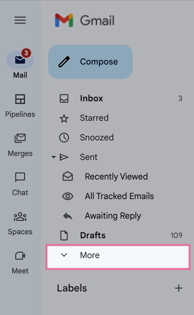 the left navigation panel in a gmail inbox with the "more" menu option highlighted