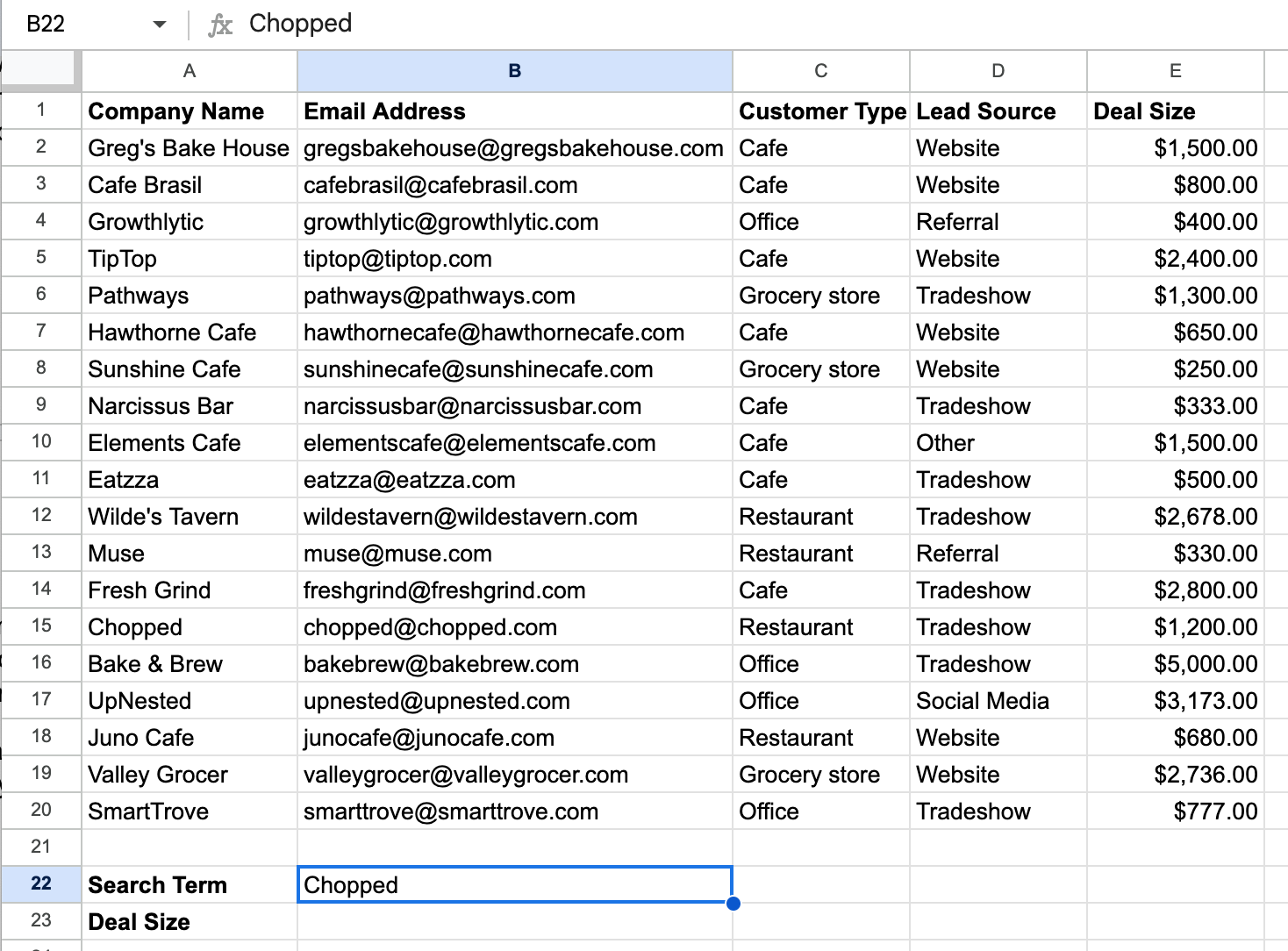 A screenshot of the Google spreadsheet with a list and the search term highlghted