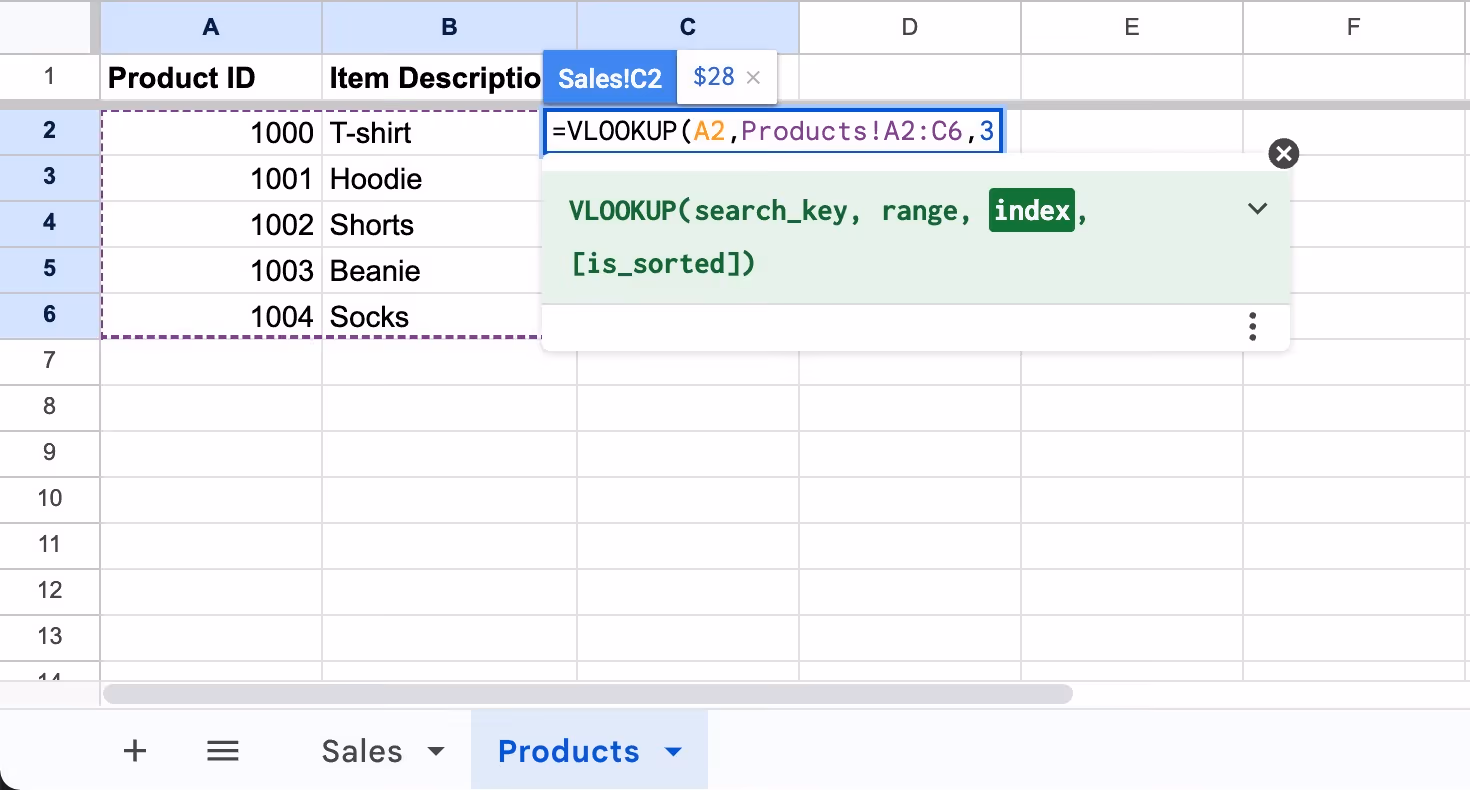 A screenshot of the spreadsheet showing the entered index