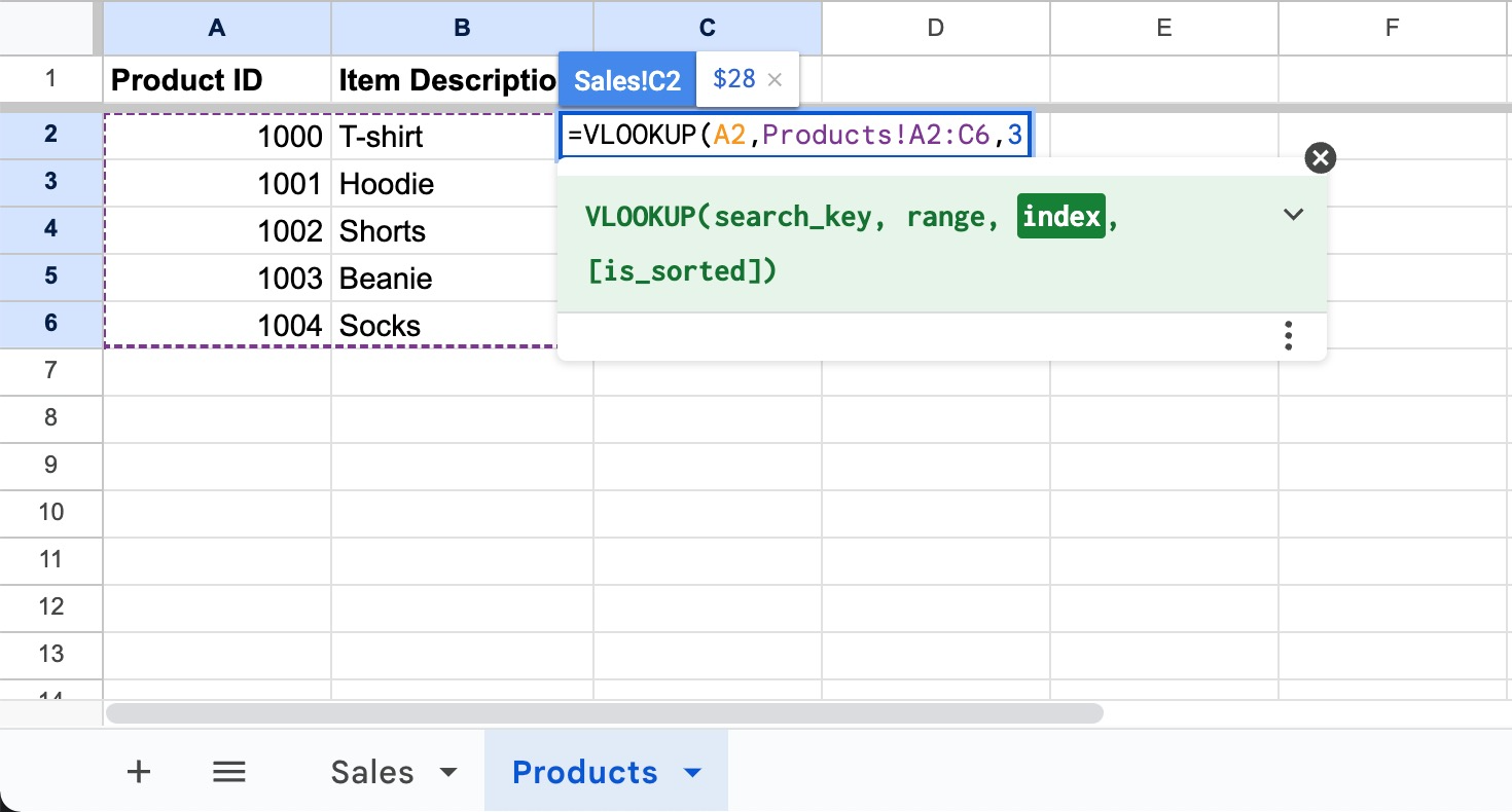 A screenshot of the spreadsheet showing the entered index