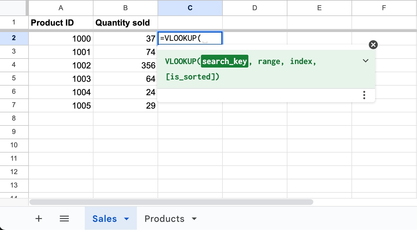 A screenshot of Google spreadsheet showing the search key