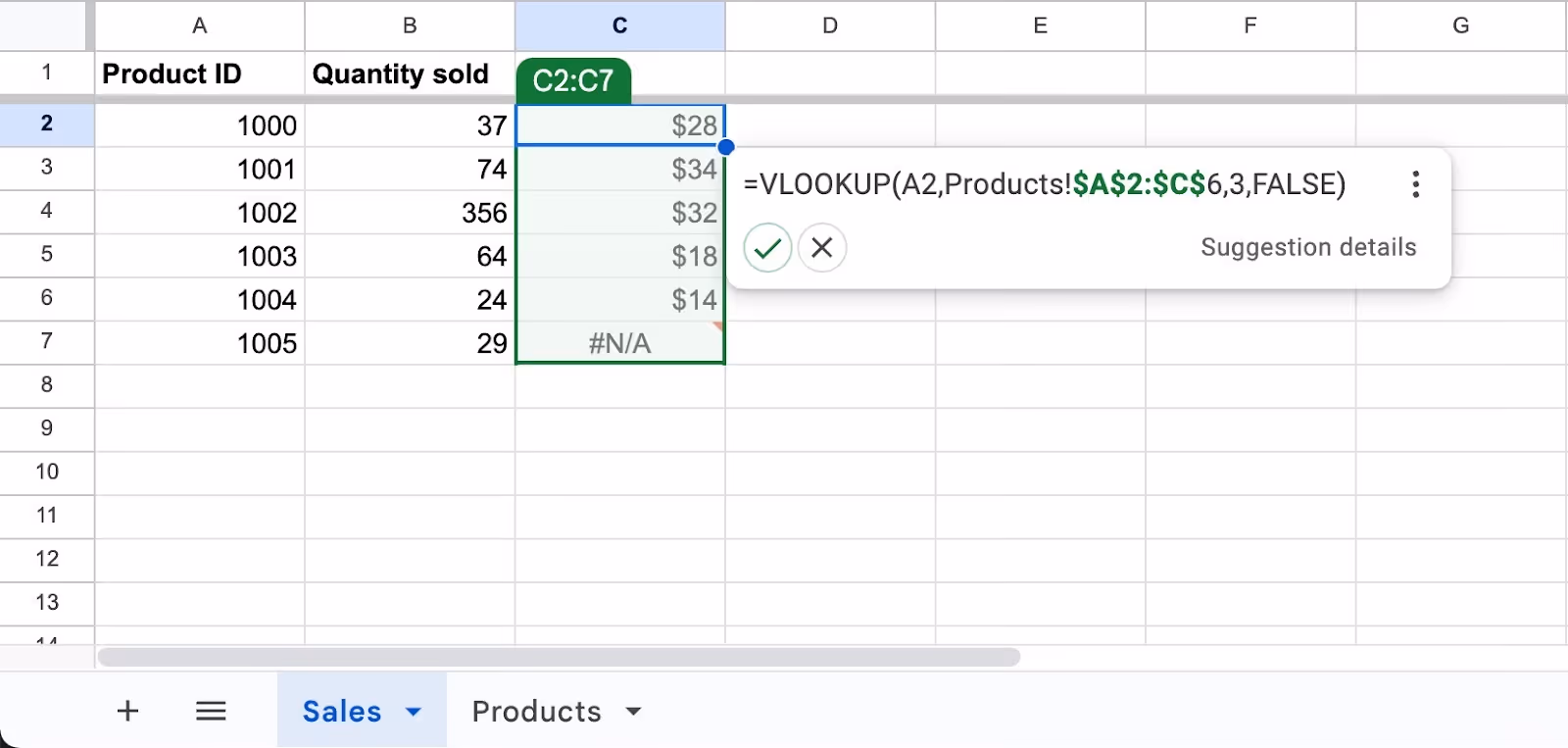 A screenshot of spreadsheet where VLOOKUP is copied across multiple cells