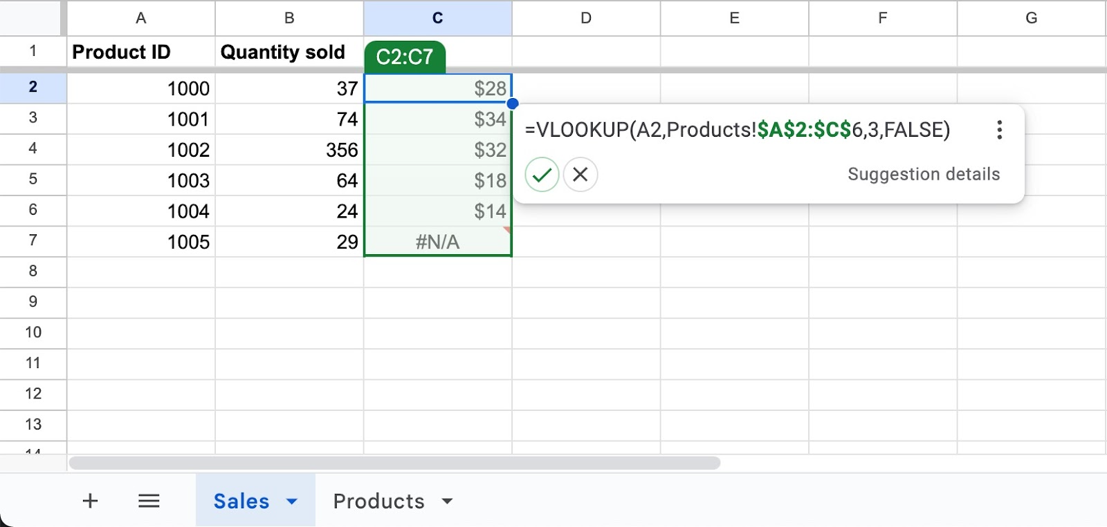 A screenshot of spreadsheet where VLOOKUP is copied across multiple cells