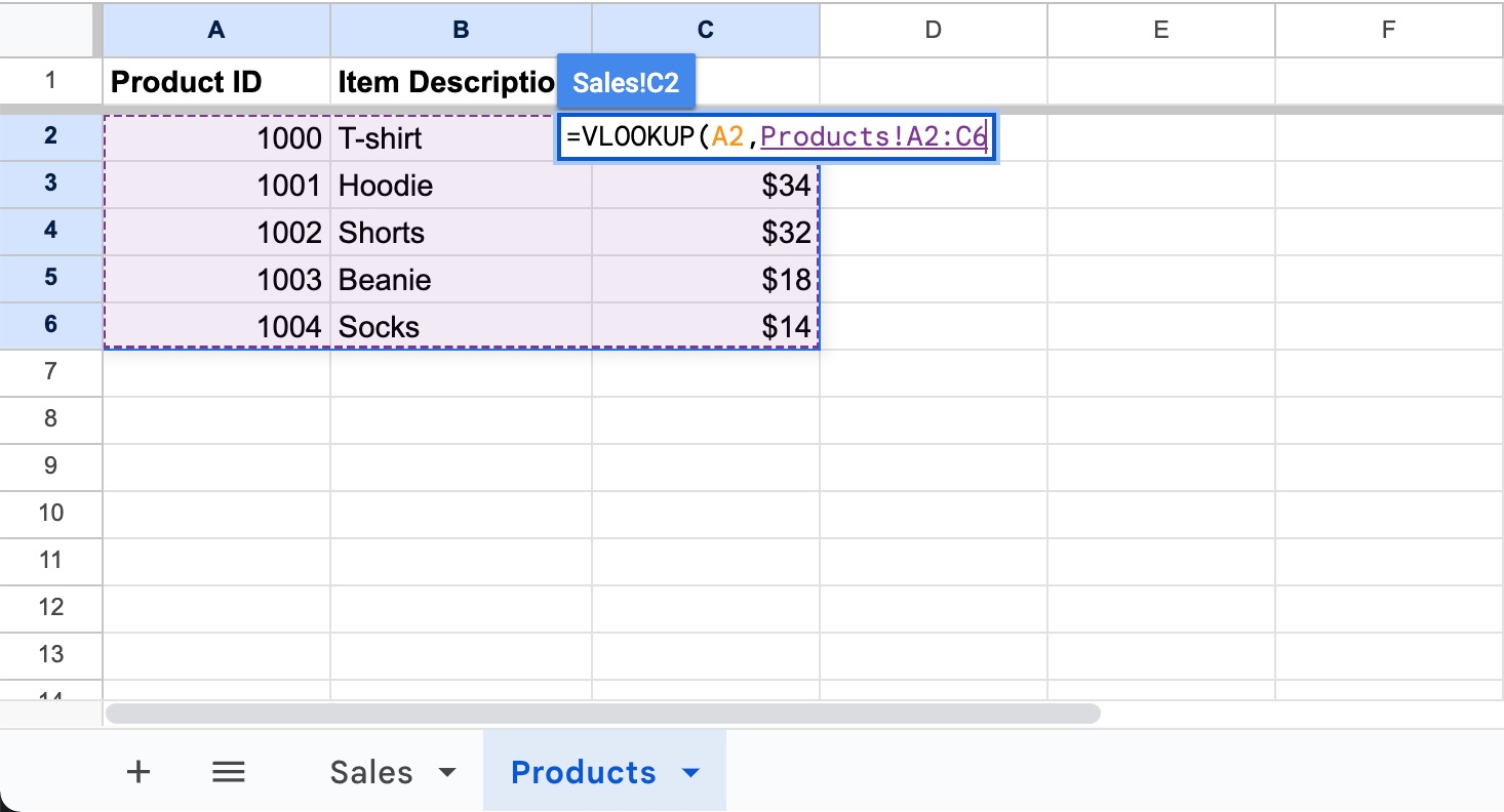 A Google spreadsheet showing the range of data for VLOOKUP